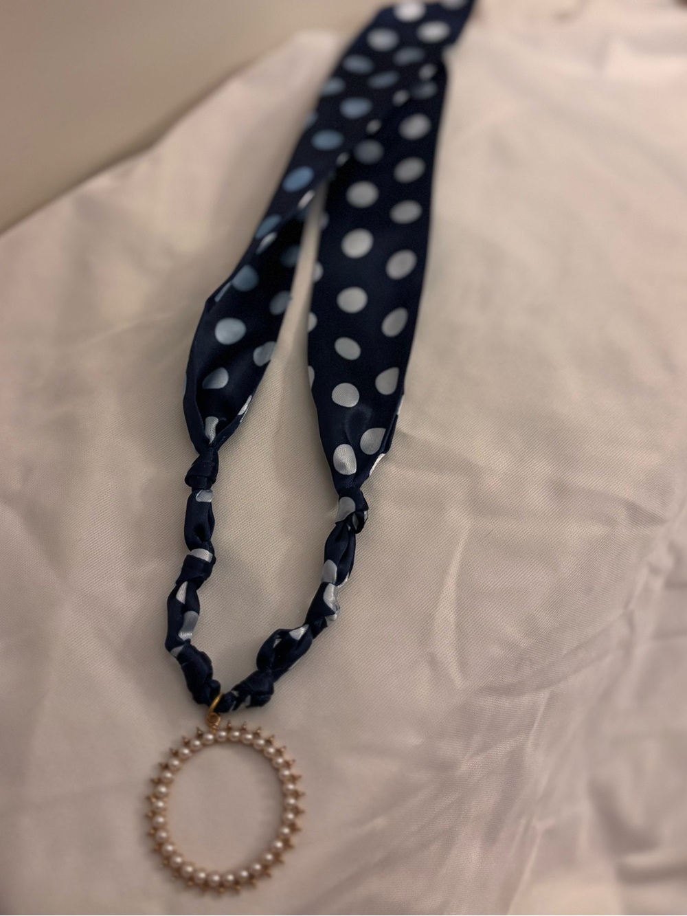 Polka Dot Navy Scarf Necklace with Pearl Ring Pendant